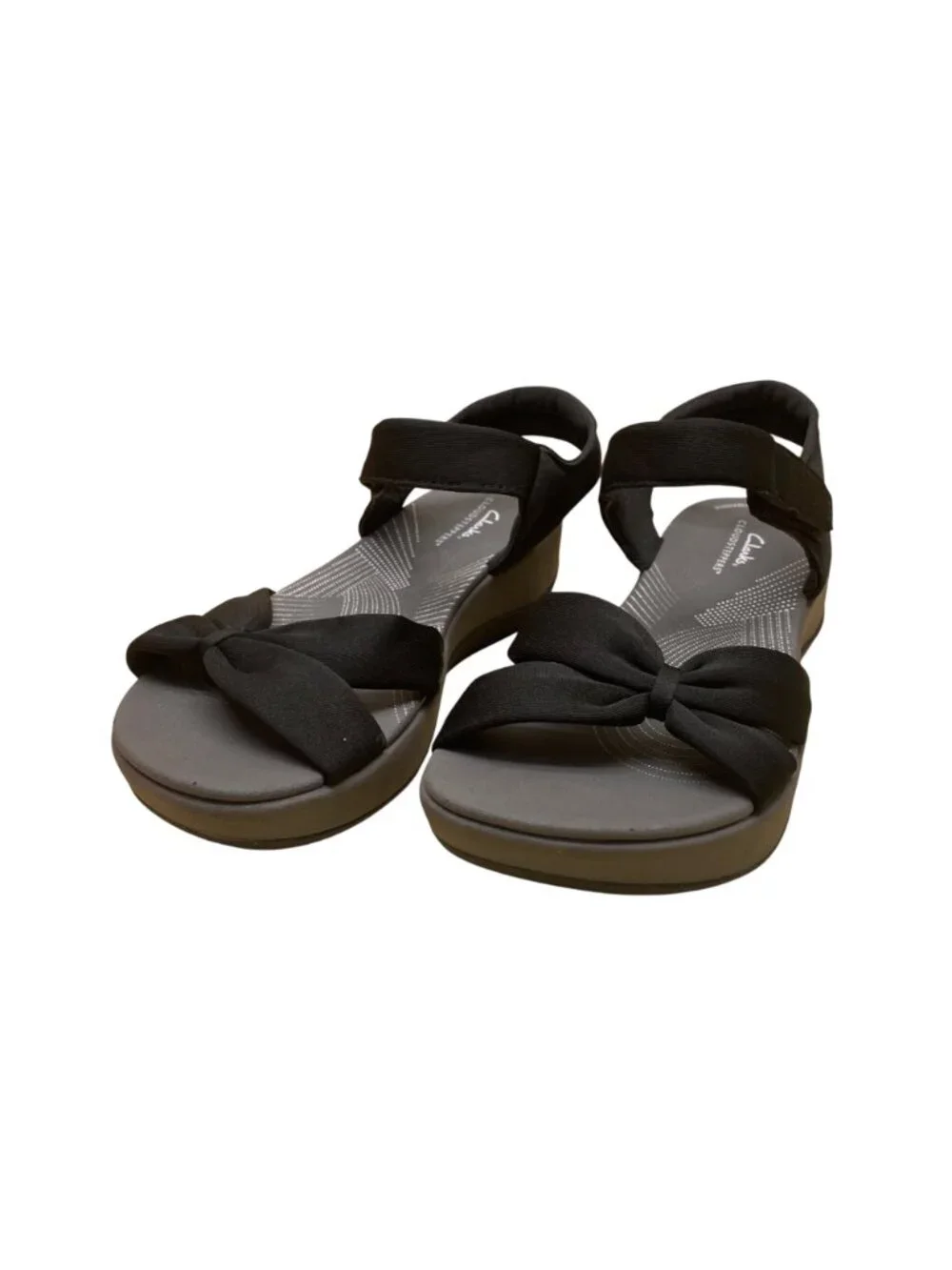 Clarks Women's Black Fabric Adhesive Strap Closure Bow Detail Sandals Size 7.5